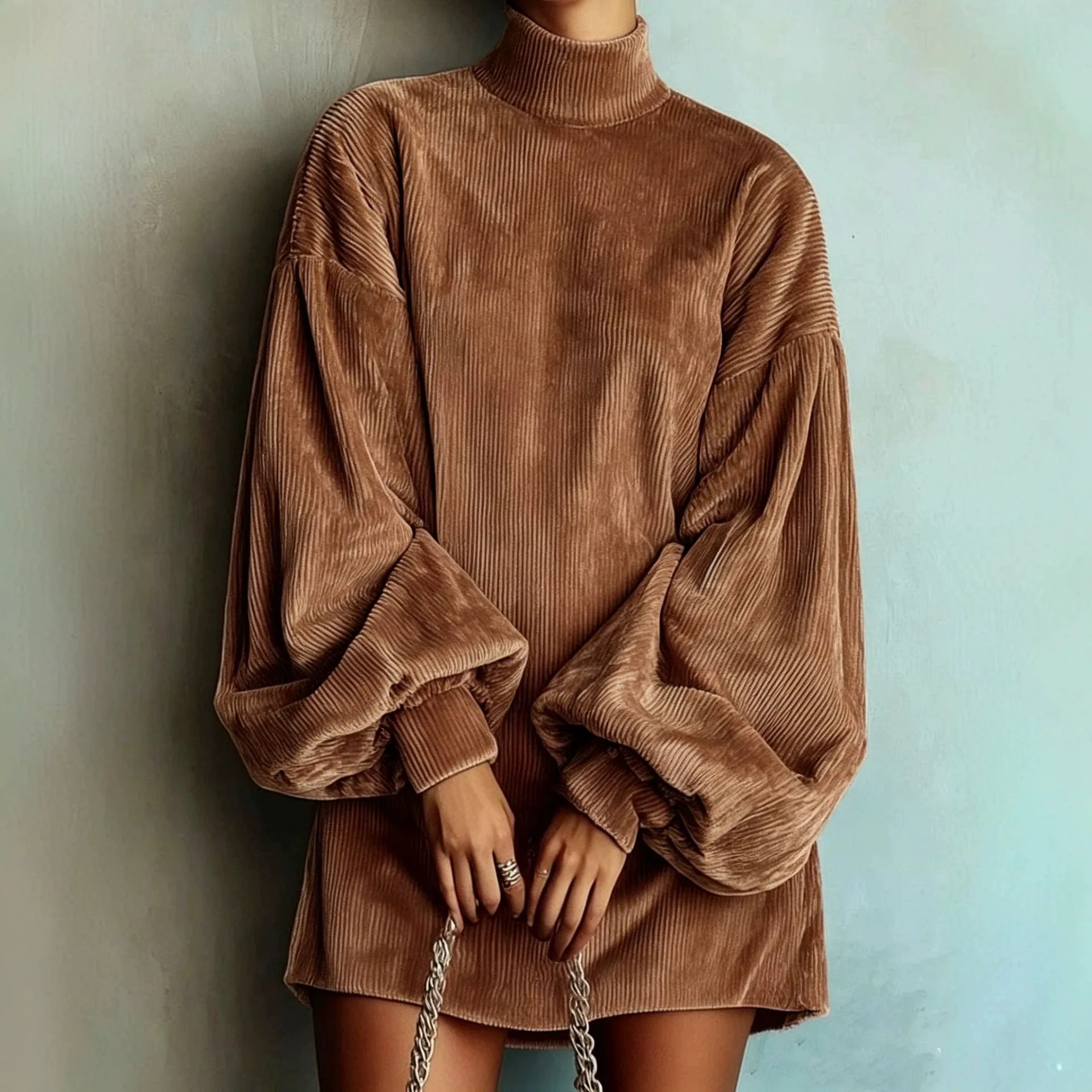 Women Corduroy Turtleneck Mini Dress Oversized Elegant Loose Lantern Sleeve Casual Dresses Autumn Winter Streetwear Short Dress