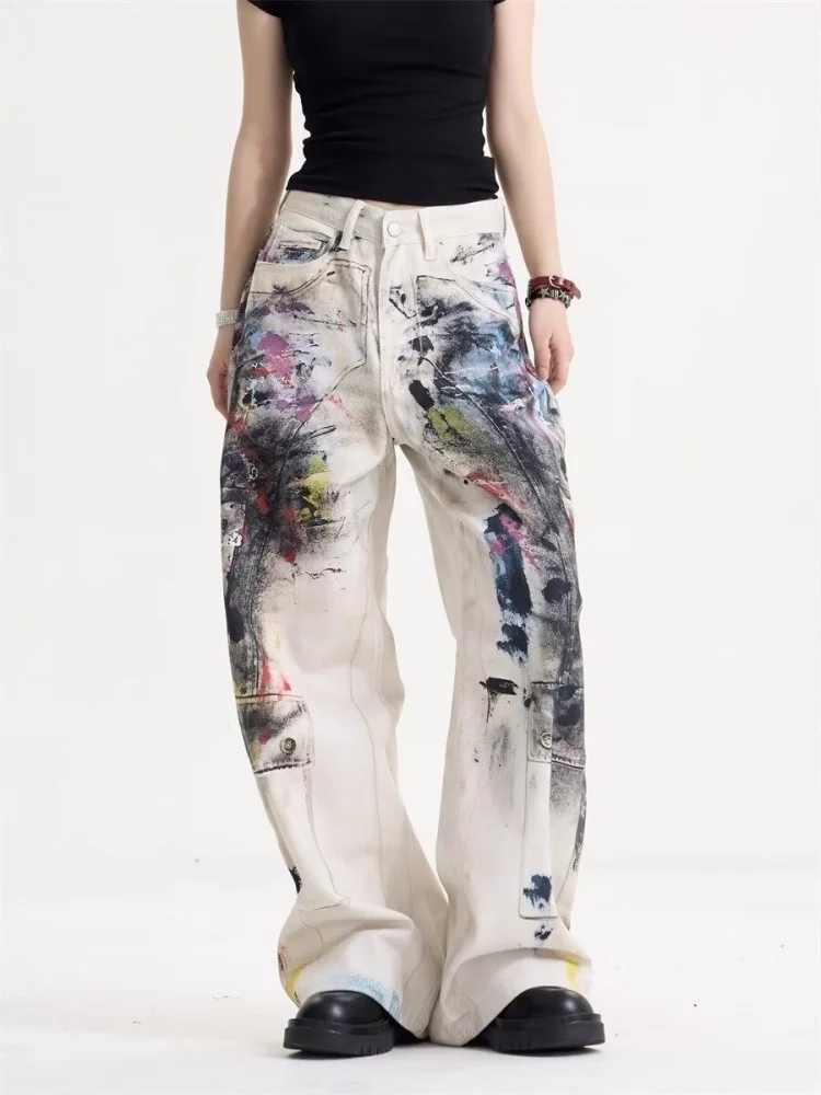 Spodnie jeansowe damskie w stylu punk Y2K z 2025 roku, z grafiką graffiti, vintage, luźne, szerokie nogawki, streetwear, gotyckie, długie spodnie.
