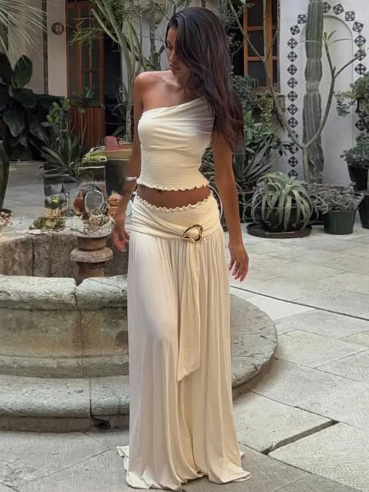 

Articat Fashion Single Shoulder Pull Ring Waist Long Dress Two-Piece Set Women Sexy Backless Tight Top Half Skirt Beachwear 2025