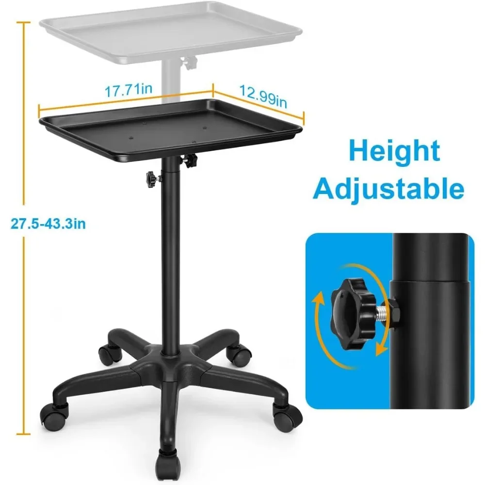 Premium alumínio salão bandeja carrinho, Tattoo Tray Rolling Trolley, altura ajustável, armazenamento utilitário carrinho para rolamento (preto)