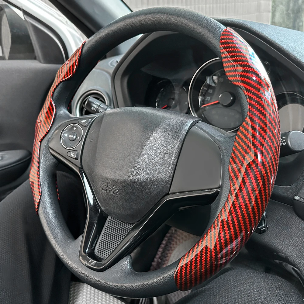 Conjunto de capa de volante de carro, textura de fibra de carbono brilhante, aderência respirável e antiderrapante de 2 peças, atualização interior de ajuste universal