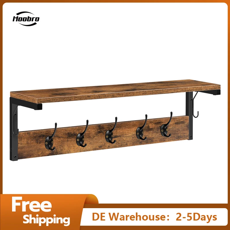 HOOBRO Wall Coat Rack Wall Shelf with 7 Hooks and Shelf Hallway Coat Rack Hanging Shelf with Coat Hook For Living Room Kitchen