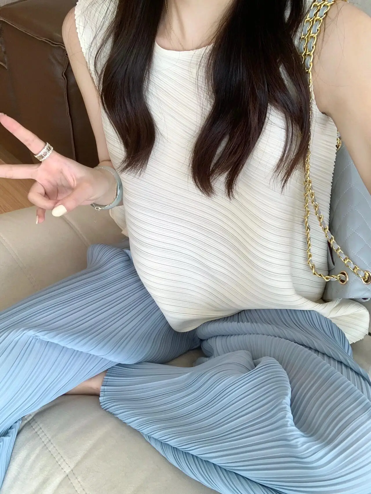 Unique Beautiful Commute Casual Set Summer 2026 Slimming Pleated Top Wide Leg Pants High Waist Long Pants Simple Style Polyes... view 3