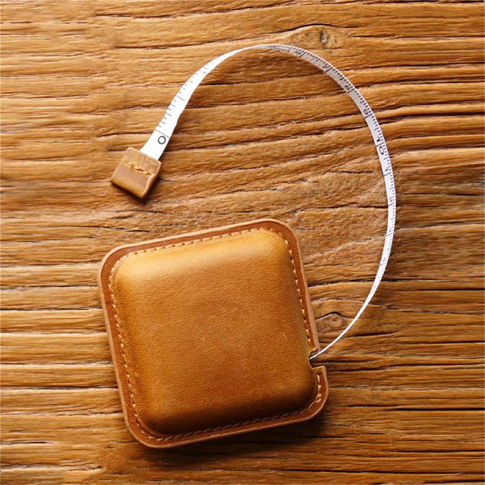 Mini Handmade Roll Tape  Measure Head Layer Cowhide Pull Vintage Measuring Tape Retractable Keychain Pendant Tape Measure
