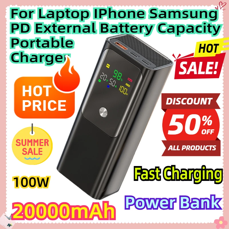 

For Laptop IPhone Samsung PD 100W Power Bank 20000mAh External Battery Capacity Fast Charging Portable Charger