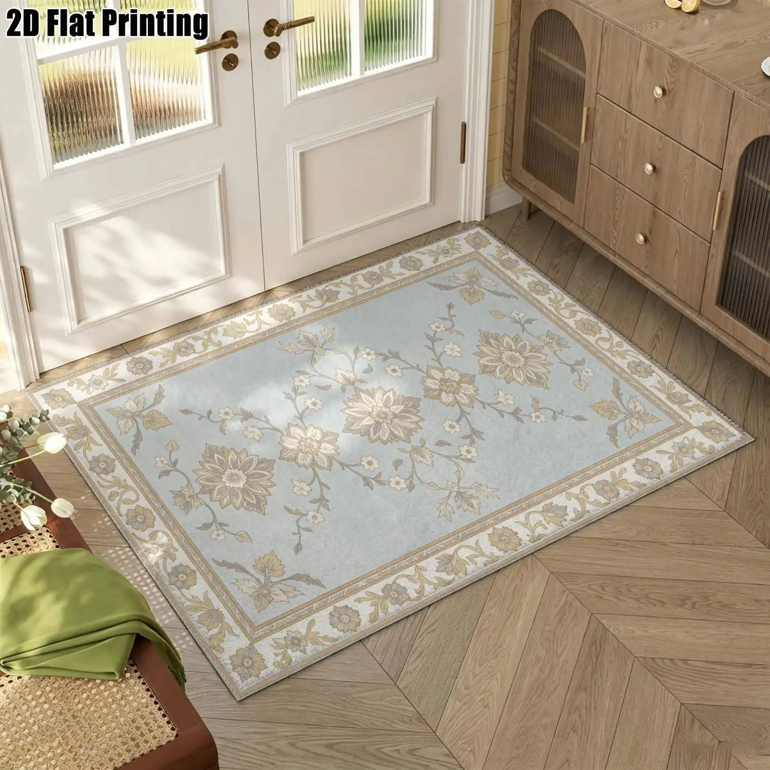 1Pc 2D Printed Carpet: Light Blue Floral, European Vintage Geometric, Home Decor, Multi-Size, Machine Washable, for Living Room, Bedroom, Dining Room, Entrance, Study