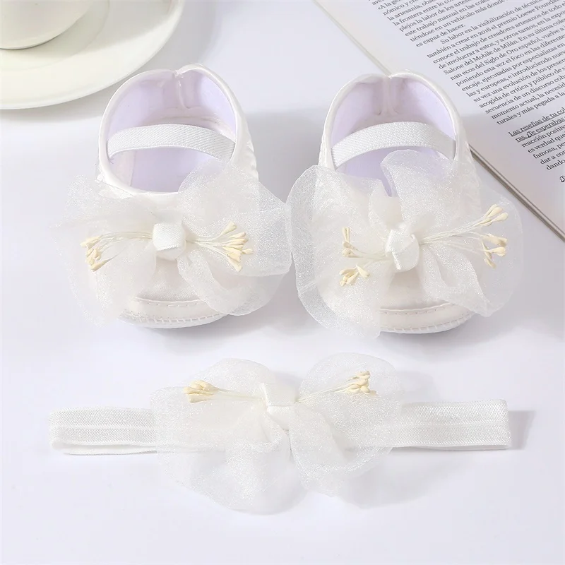 Baby Girls Princess Shoes Big 3D Mesh Bow Sequins Non-Slip First Walking Soft Sole Shoes Headband