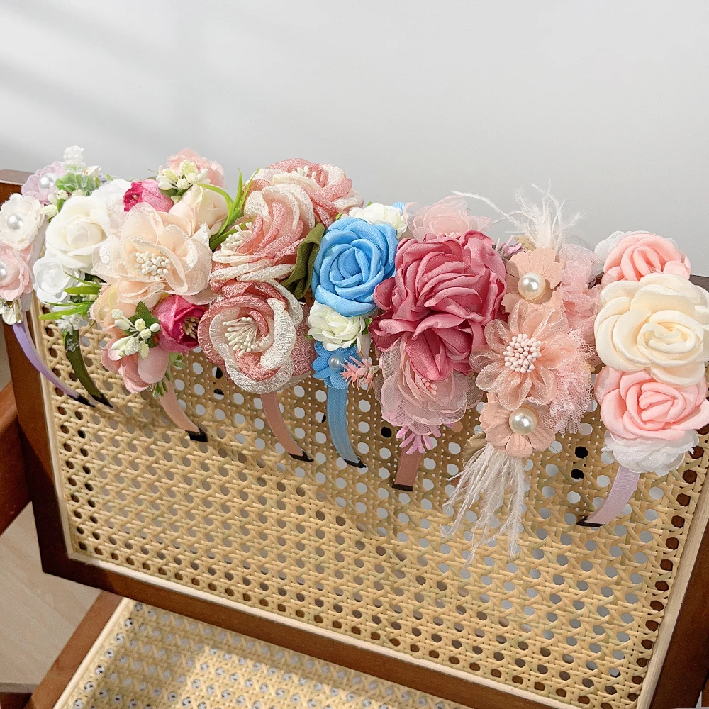 Gorgeous Hair Hoop Flower Headband for Kids Stage Performance Dress Up Hair Band Pearl Decorative Wedding Girl Hair Accessories