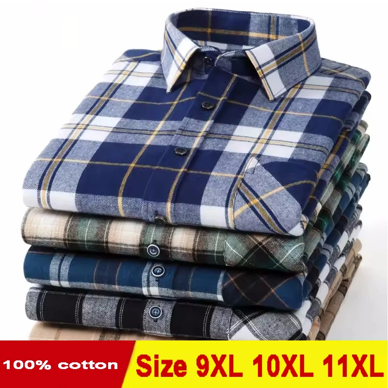 Plus Size 11XL 10XL 9XL Men‘s Plaid Flannel Shirts Long Sleeve Cotton Fashion Casual Soft Standard-Fit Male Shirt Blouse Clothes