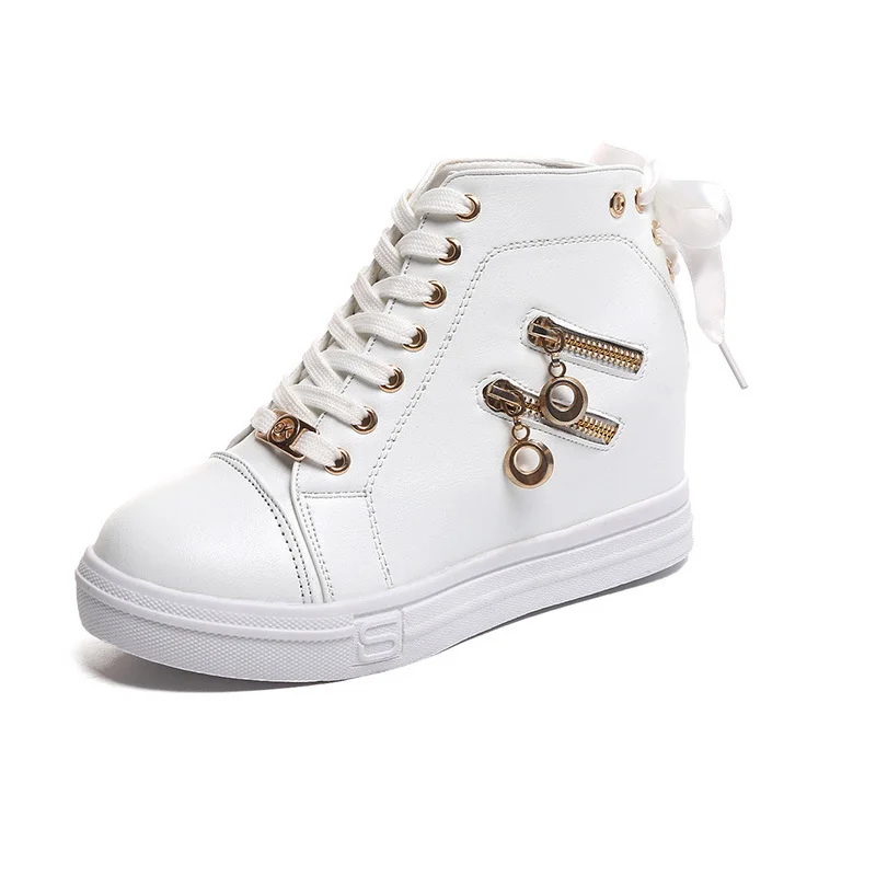 Comemore 2022 Spring New Inner Heightening Women\'s Platform Shoes Casual Shoes White High Top Sneakers Short Leather Ankle Boots