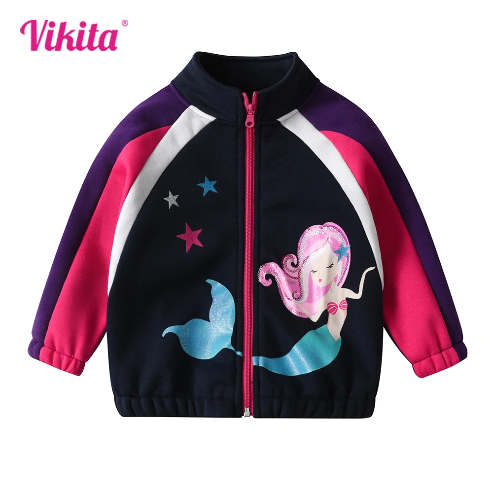 VIKITA Girls Outerwear Coats Kids Mermaid Print Cartoon Zipper Jackets Kids Autumn Spring Casual Wear Children Clothes 3-12 Yrs