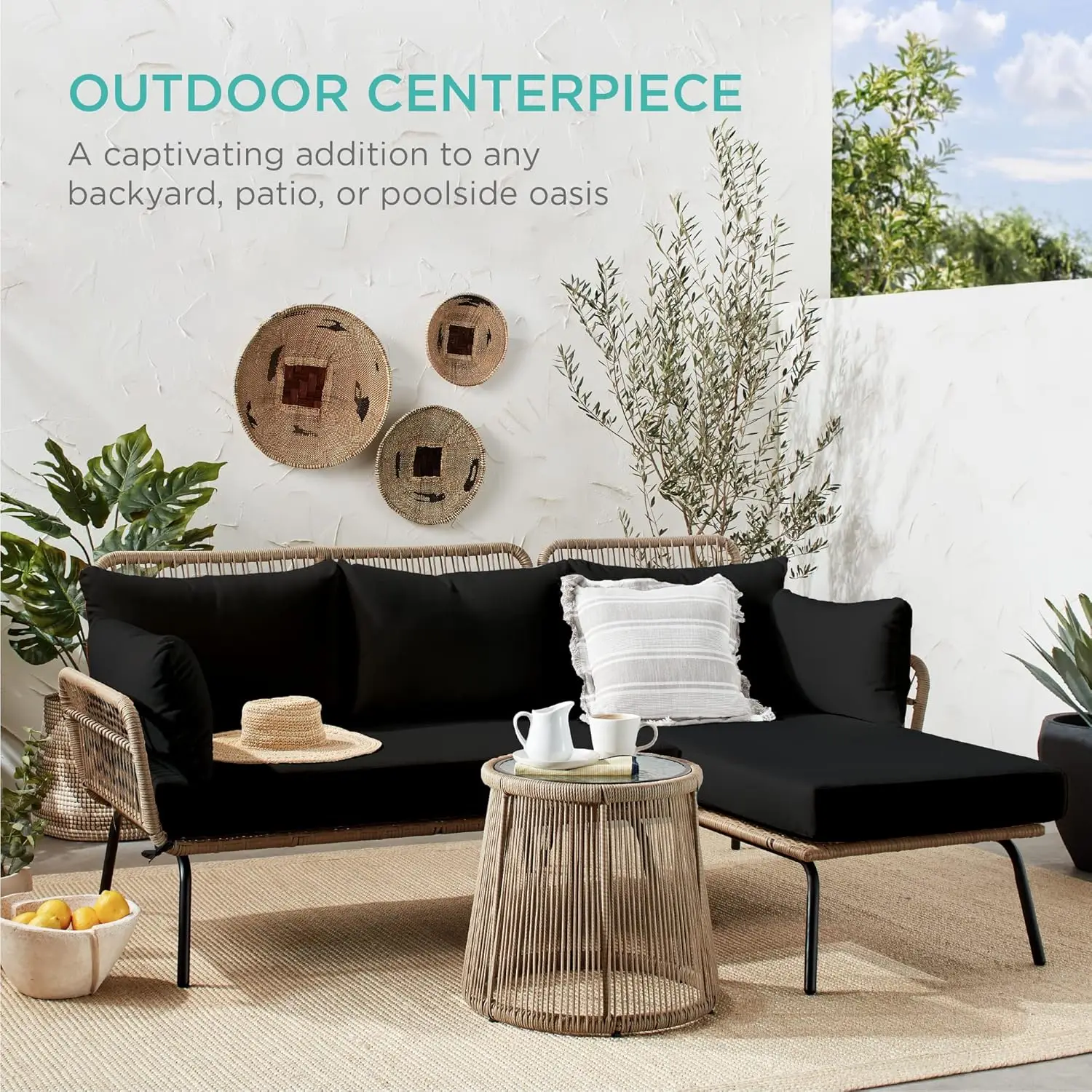 Outdoor Rope Woven Patio Furniture L-Shaped Conversation Sofa Set for Backyard, Porch w/Thick Cushions Detachable Side Table