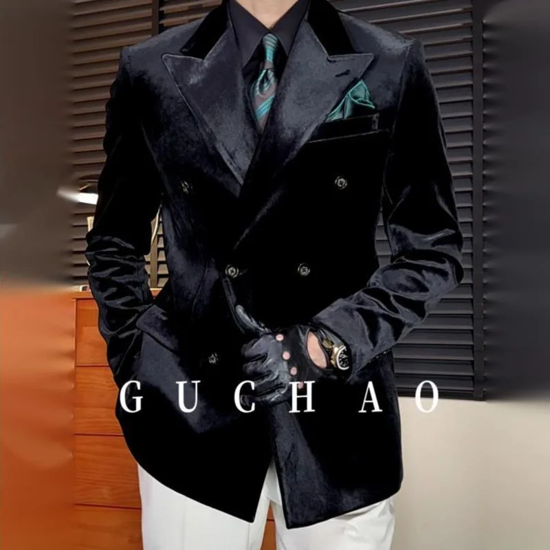 WVGA Autumn Winter New Man Velvet Italian Double-breasted High-end Blazer Niche Casual Straight Suit Pants Two-Piece Sets W21991