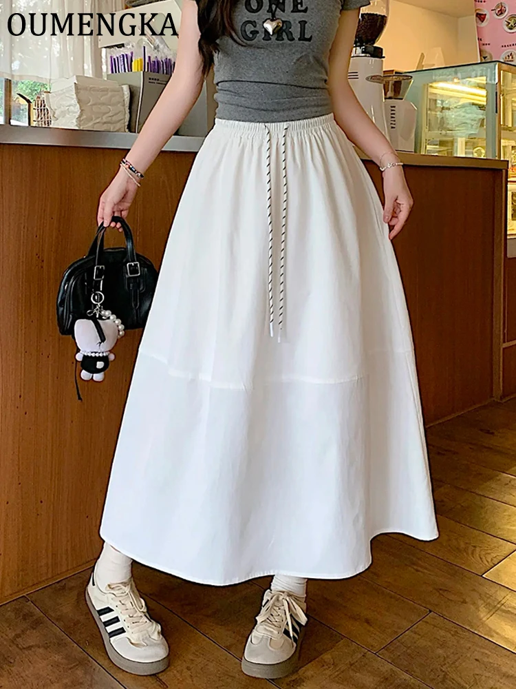 

OUMENGKA Summer Women Thin Skirts Vintage High Waist Elastic Patchwork White Black Chic Long A-line Basic Skirt Fashion Trend