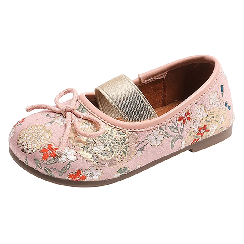 

Girls' Princess Shoes 2024 Autumn New Retro Embroidery Kids Dance Shoes Bow Flat Soft Sole Children's Leather Shoes