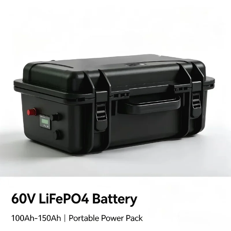 60V 100Ah‑150Ah LiFePO4 Portable Hard Case Battery Pack with Charger, Built‑in BMS Deep Cycle Rechargeable Power Storage for EV,