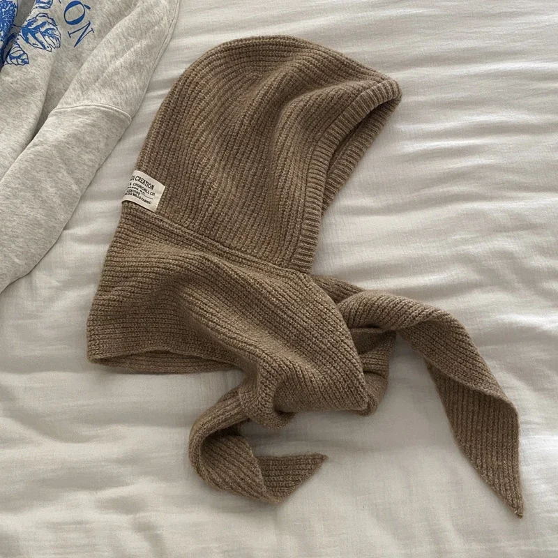 Winterwarme Woll-Strickmütze mit Falschem Schalkragen, Kapuzenpullover und Einteiligem Nackenwärmer für den Außeneinsatz bei Kälte – Detail 24
