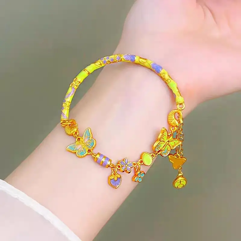 

18K Gold Bracelet Enamel Butterfly Love Flower Butterfly Tassel Half Bracelet AU750 Bracelet Versatile Gift for Girlfriend