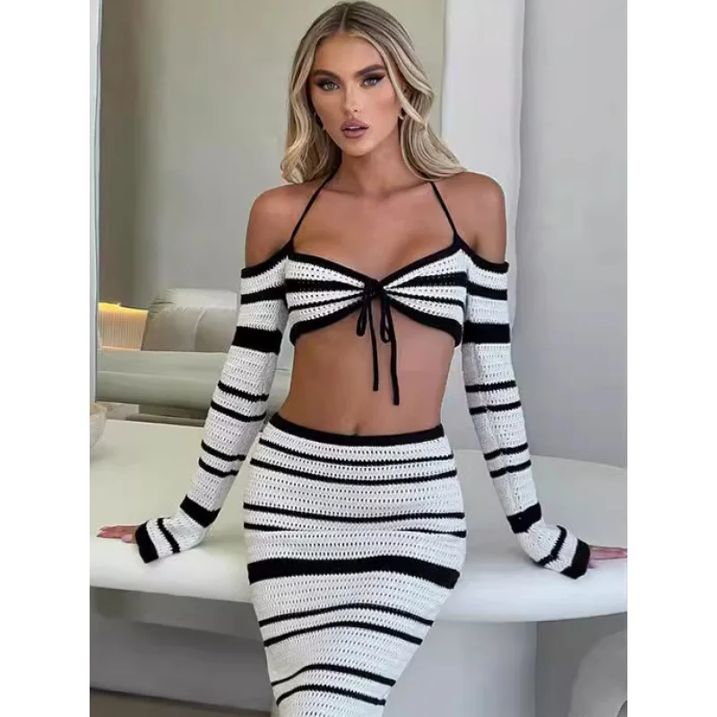 2024Summer New Black and White Women's Striped off-Shoulder Halter Lace-up Long Sleeve Knitted Hollow Skirt Suit Two-Piece Set