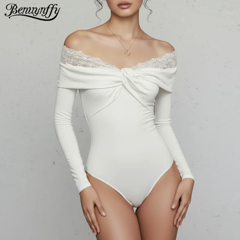 Benuynffy Sexy Off Shoulder Contrast Lace Slim Bodys for Women Spring Fall Twist Front Long Sleeve One Pieces Woman Bodysuits