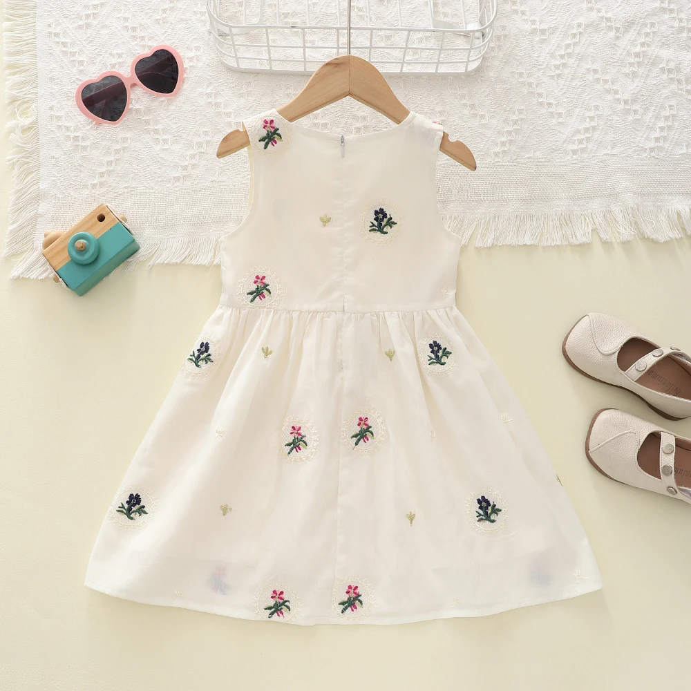 Summer Children Kids Clothing Refreshing Floral Embroidered Vest Casual Cool Sleeveless Princess Dress Girl Clothing 2-6Y