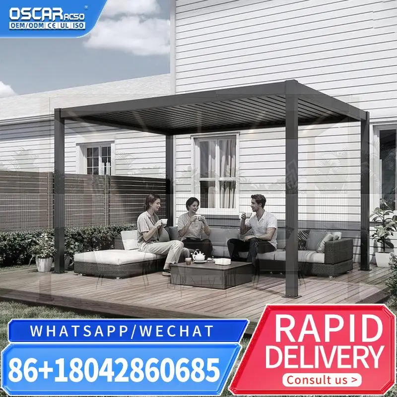 Retractable Aluminum Pergola Waterproof Louvered Outdoor Gazebo with Drainage System Retractable Shade for Backyard Patio Garden
