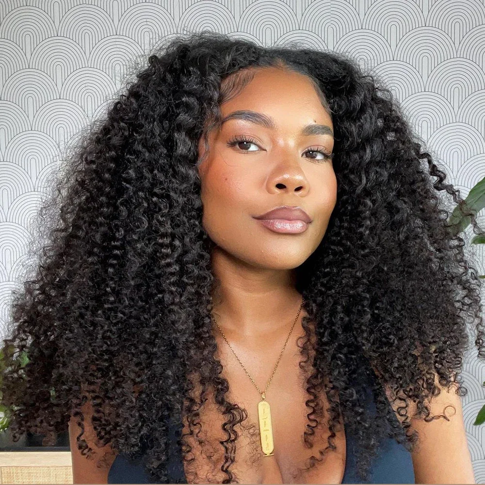 Perruque Lace Front Wig bouclée crépue sans colle pour femmes noires, cheveux longs pré-épilés, délié naturel, densité 180%, cheveux de bébé, 26 po