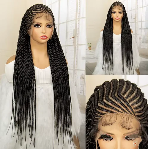 Synthetische Vollspitze-Perücke, 81,3 cm, handgefertigt, Cornrow, knotenlose Box-geflochtene Perücken mit Babyhaar, geflochtene Perücken für schwarze Frauen