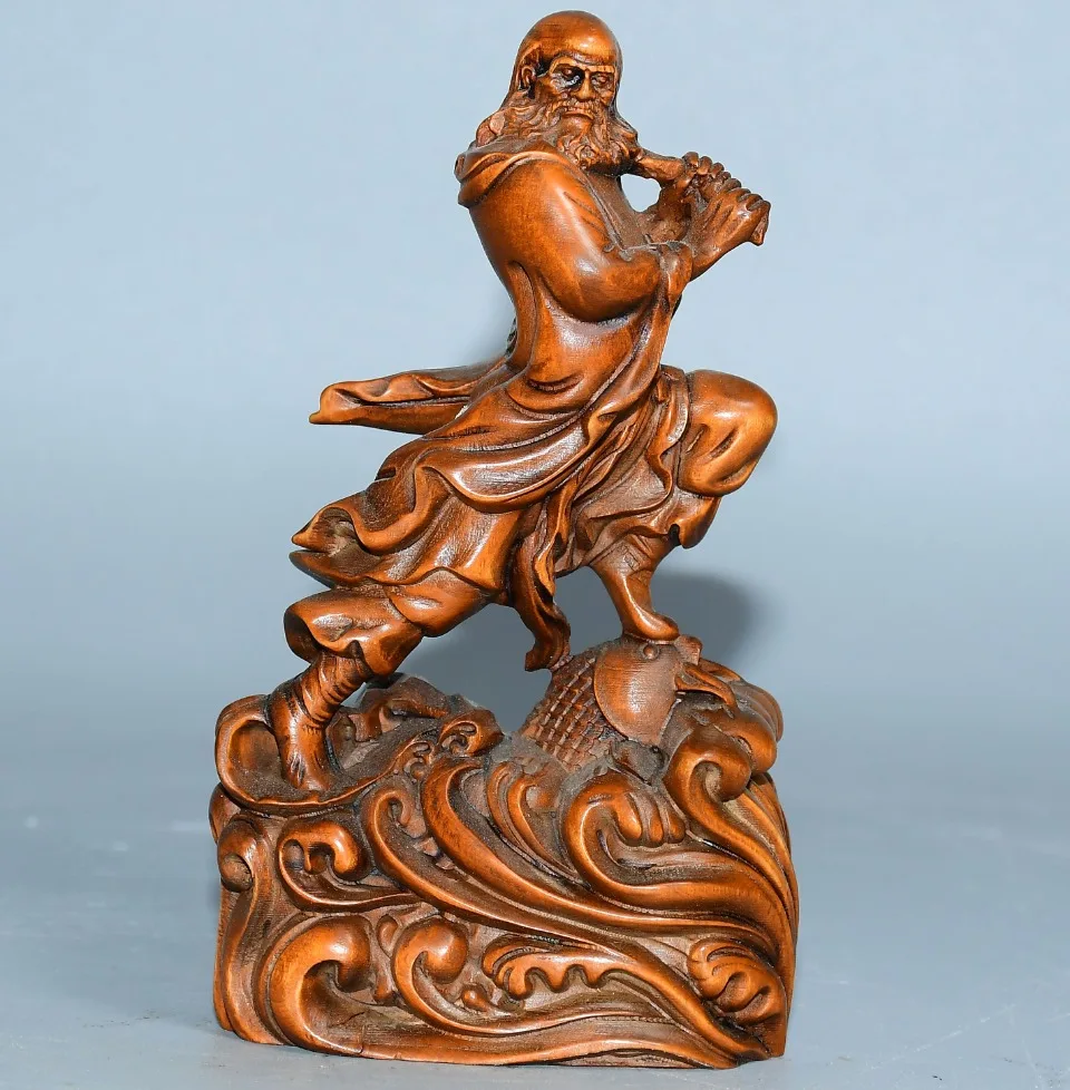 

5"Tibetan Temple Collection Old Boxwood Dharma Buddha statue Bodhidharma Woodcarving Scepter in hand Southern Dynasty Zen Monk