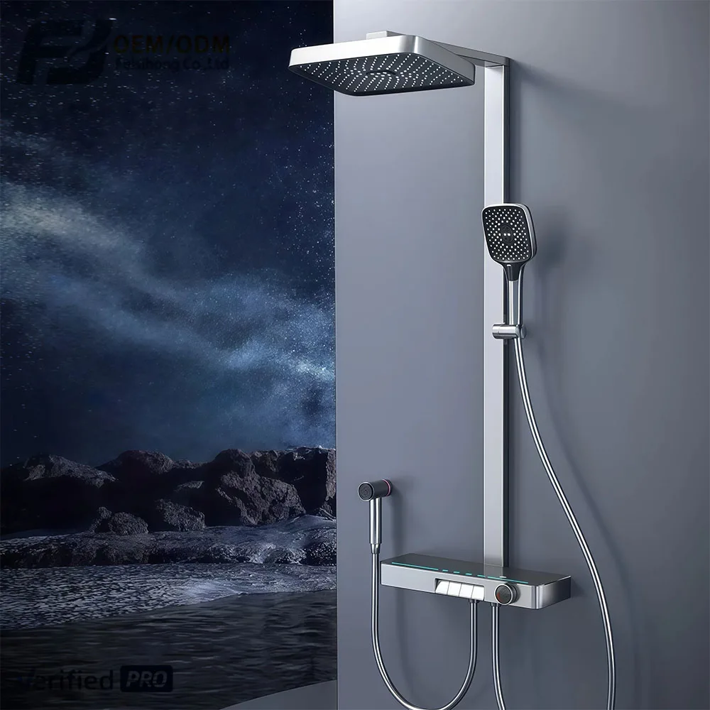 

Современная интеллектуальная душевая система с цифровым дисплеем и термостатическим управлением для роскошной ванной комнаты, латунный душевой гарнитур с эффектом тропического ливня