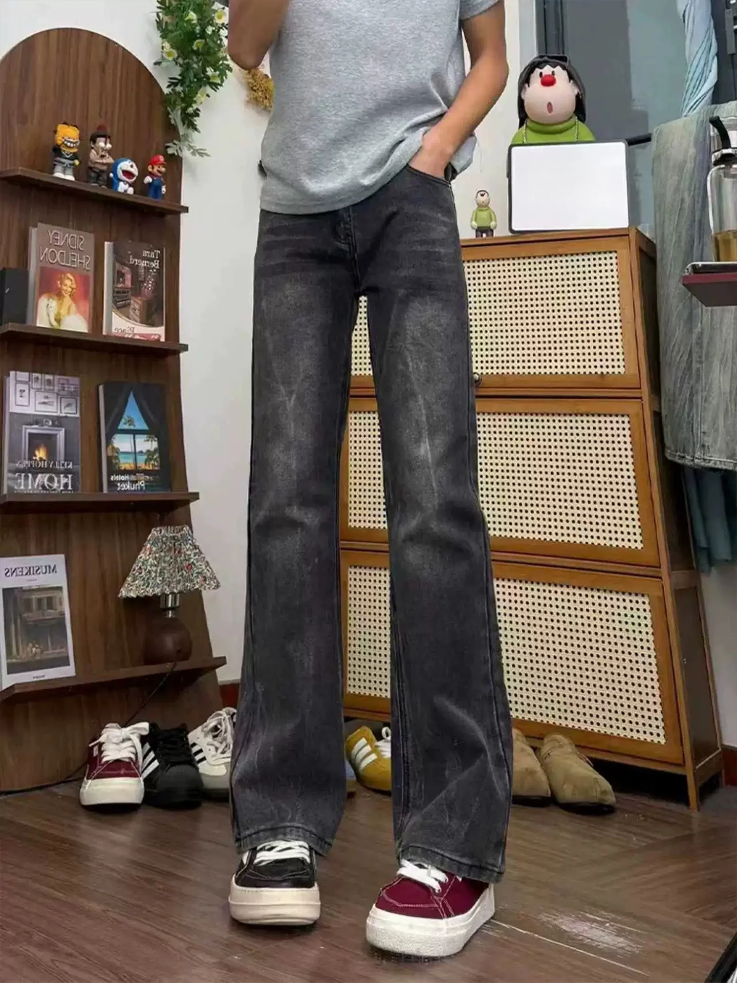 

Washed Black Lightning Pattern Men's Jeans High Waist Straight Leg American High Street Vibe Slimming Flared Pants