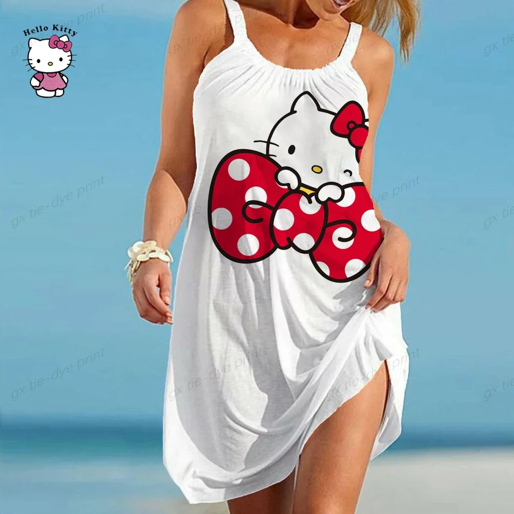 Dames Zomer Mouwloze Ronde Hals Effen T-Shirt Jurk Hallo Kitty Print Geplooide Swing Casual Losse Pullover Streetwear