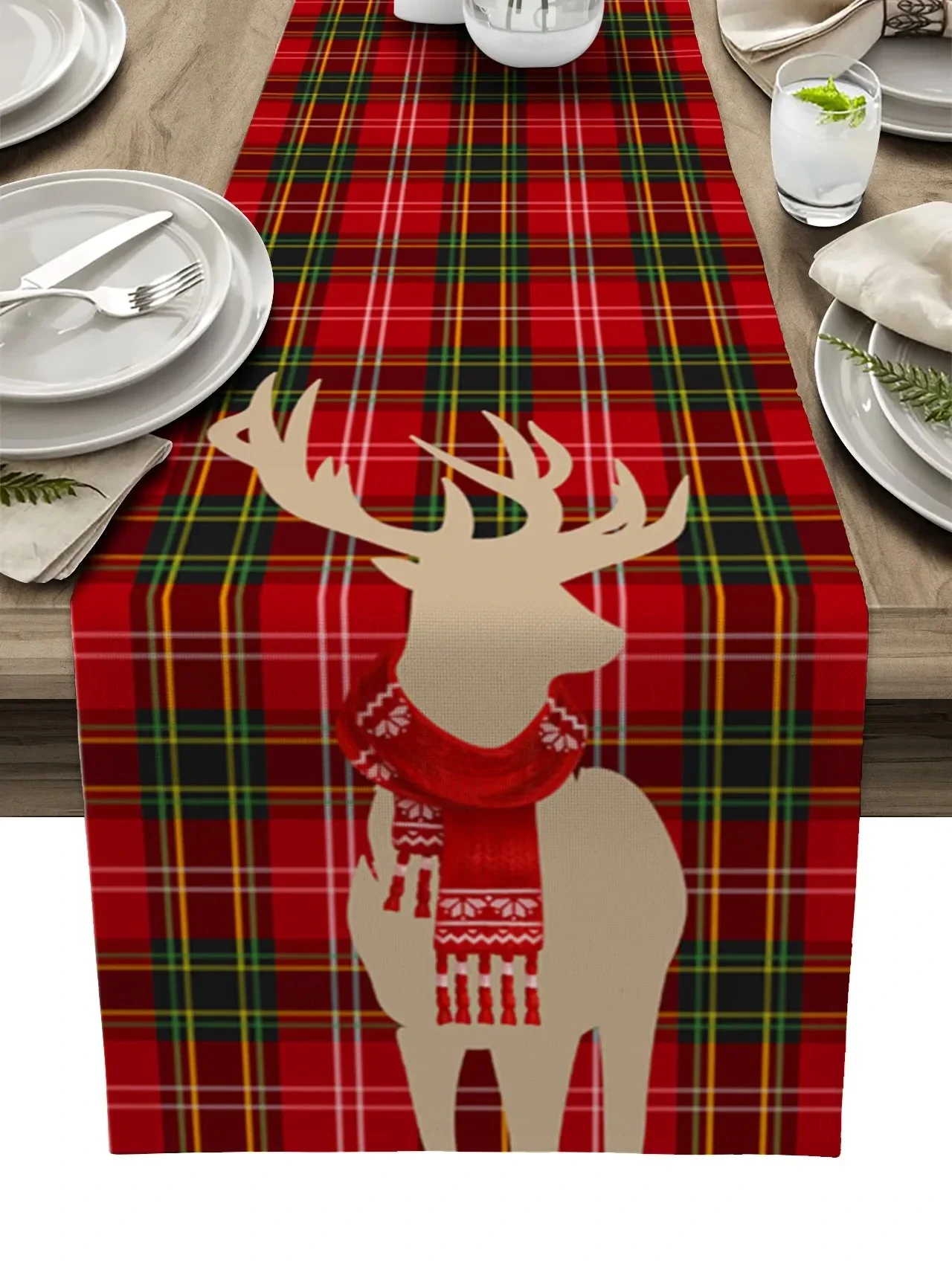 Christmas Plaid Texture Elk Linen Table Runners Dresser Scarves Table Decor Washable Dining Table Runners Christmas Decorations