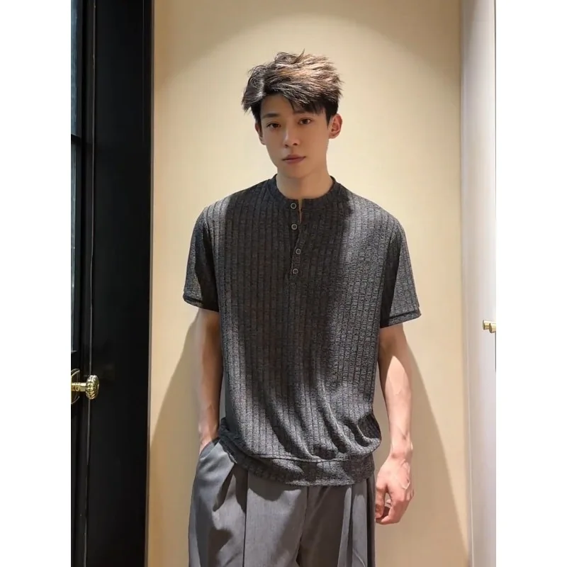 Summer Linen Texture Henley Neck T-Shirt Men's Relaxed Fit Short Sleeve Polo Shirt American Casual Top