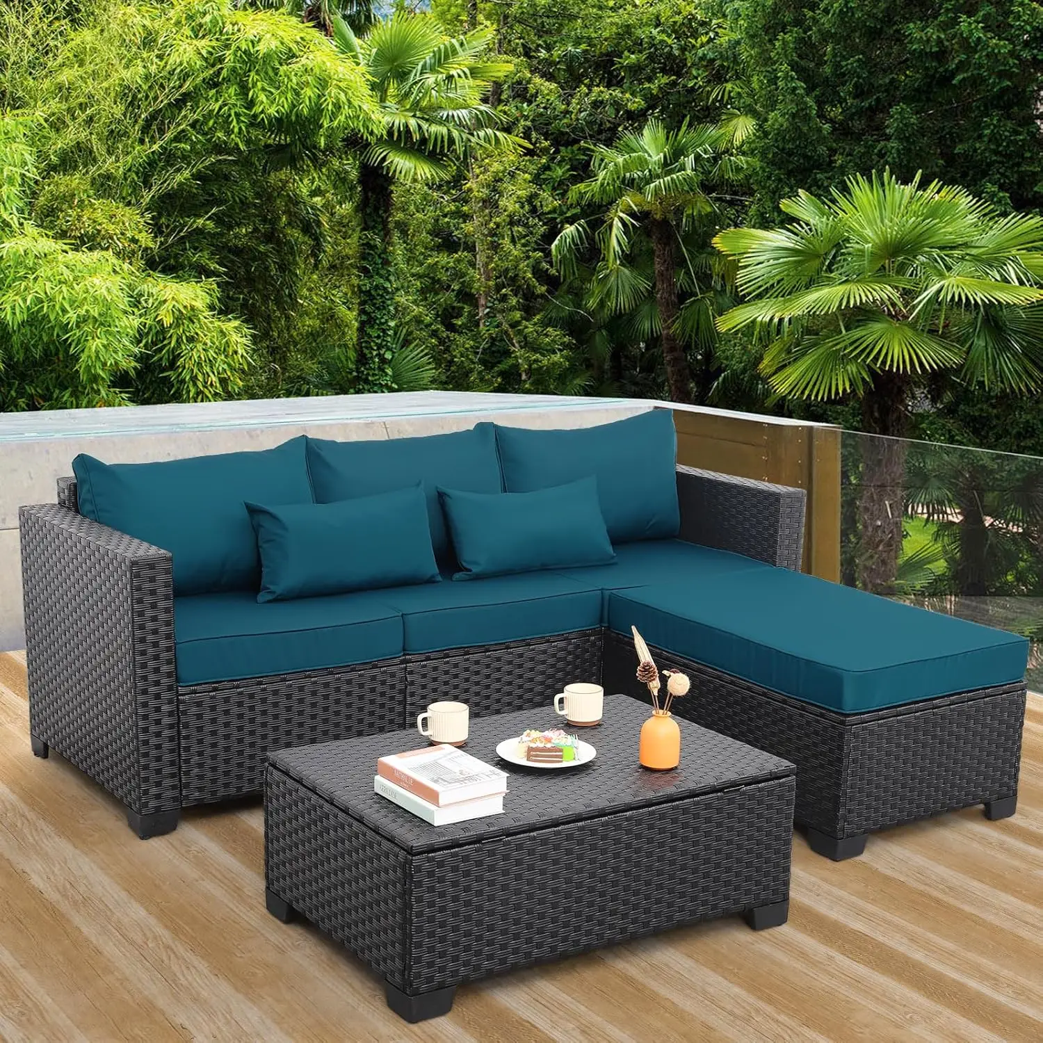 3 Pieces Patio Furniture Set Outdoor Sectional Wicker Patio Furniture Patio Couch with Ottoman and Outdoor Storage Table