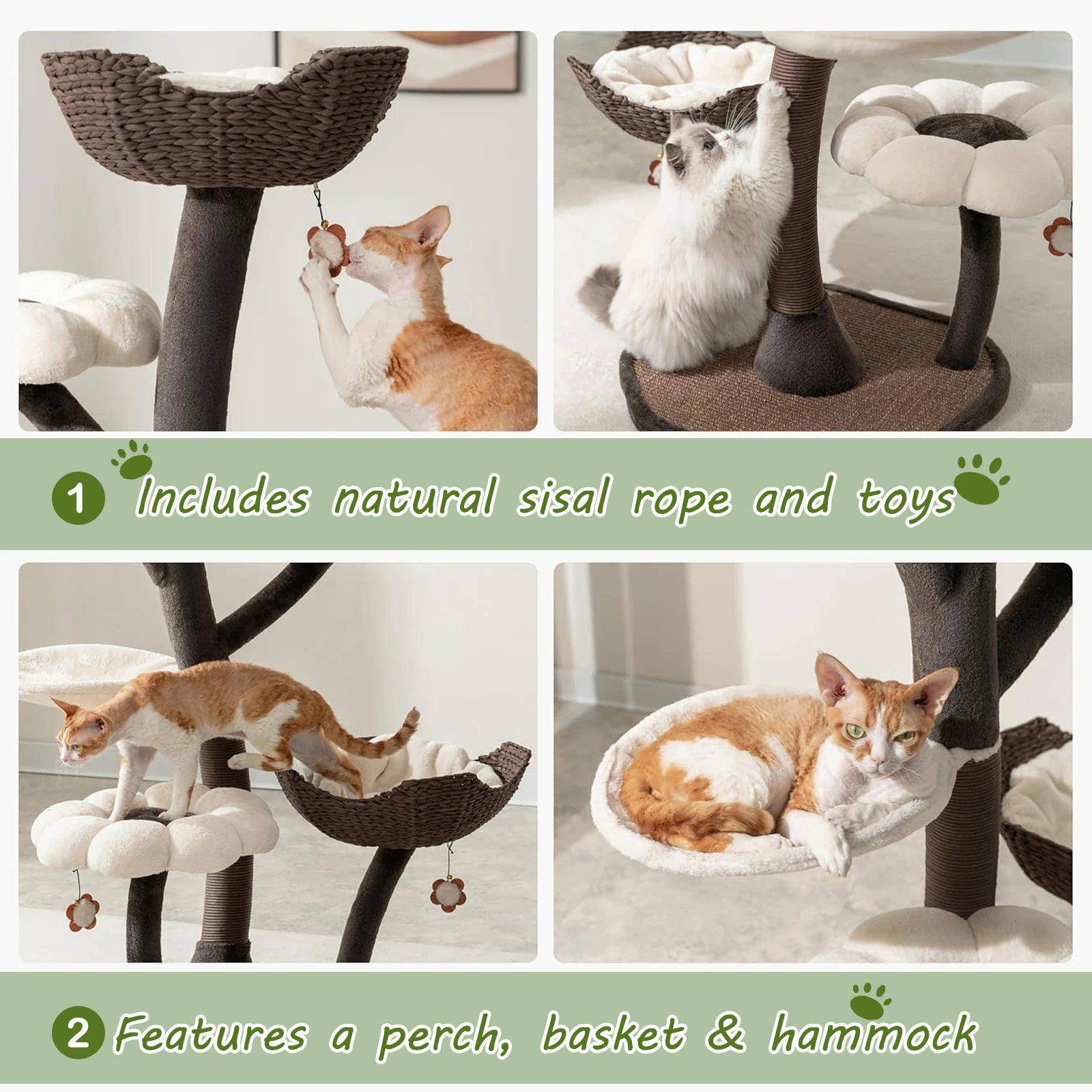 

Modern Cat Tree with Natural Sisal Scratching Posts 59In Large Condo Flower Perches Wood Cat Tower for Indoor Luxury Cat Furnitu