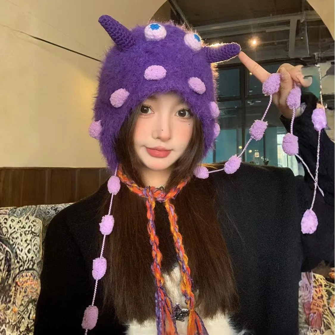 Candy Monster Knit Hat Women FallWinter Handmade Vibe Plush LookFunny Cartoon Ear Flap Beanie WarmCrazy Cap
