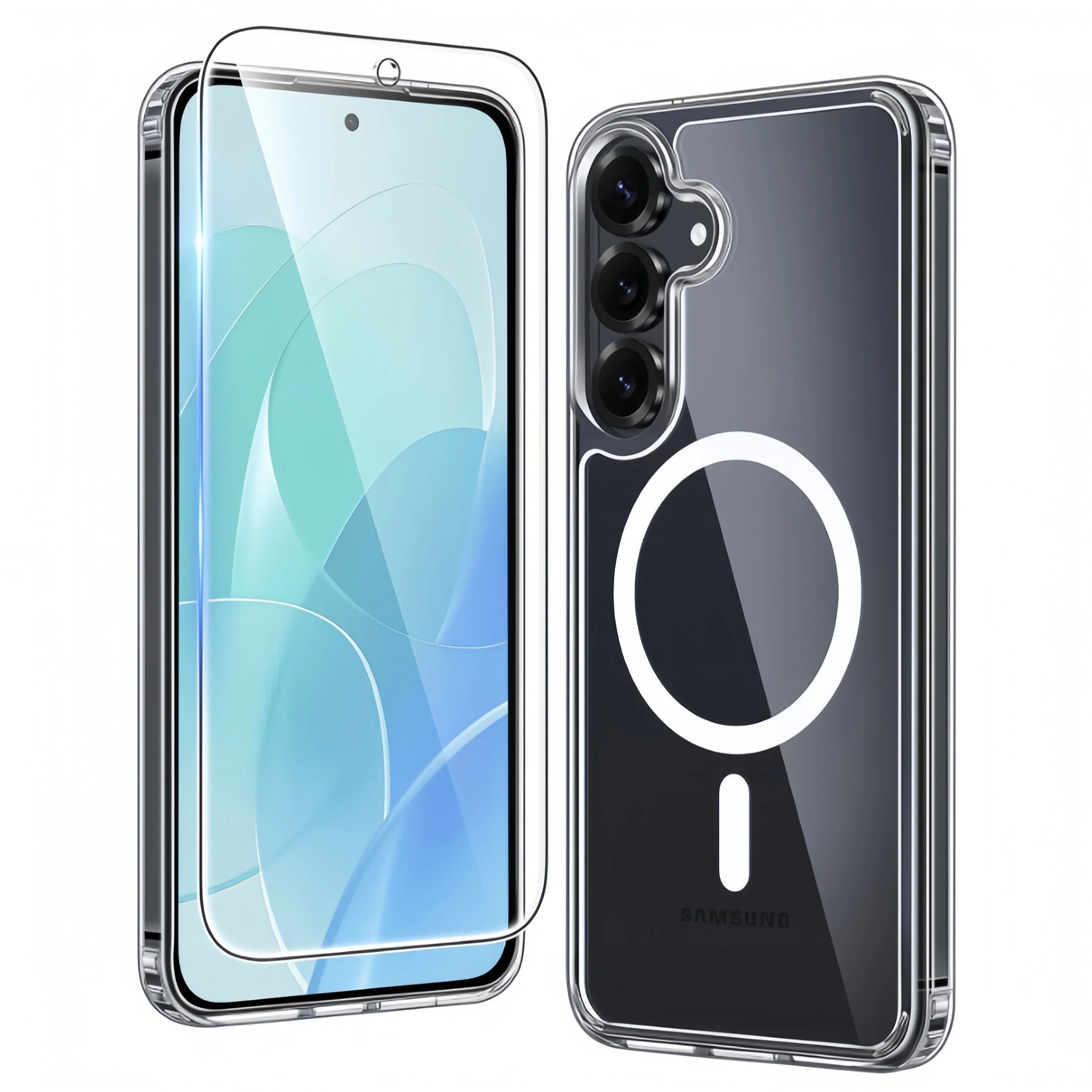 Für Samsung Galaxy A17/A56/A55/A54/A16 Hülle, magnetisch, transparent, Fallschutz, Vergilbungsschutz, mit 2 Stück, vollständiger Abdeckung, gehärteter Film