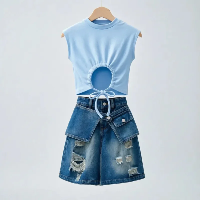

Girls' Summer Set 2026 New Mid sized Children's Short sleeved T-shirt+Cowboy Five Part Pants Two Piece Set