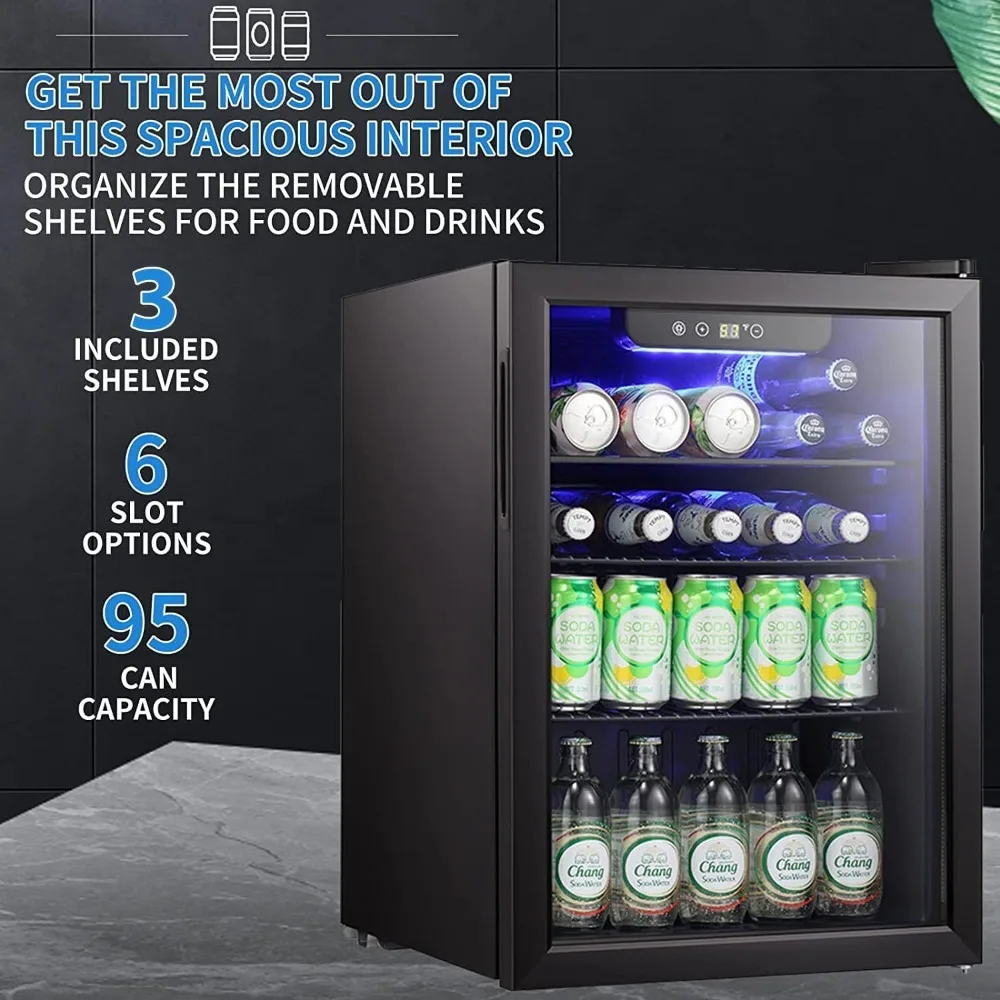 Mini Fridge-95 Can Beverage Refrigerator Wine Cooler Clear Front Glass Door Small Drink Touch Screen