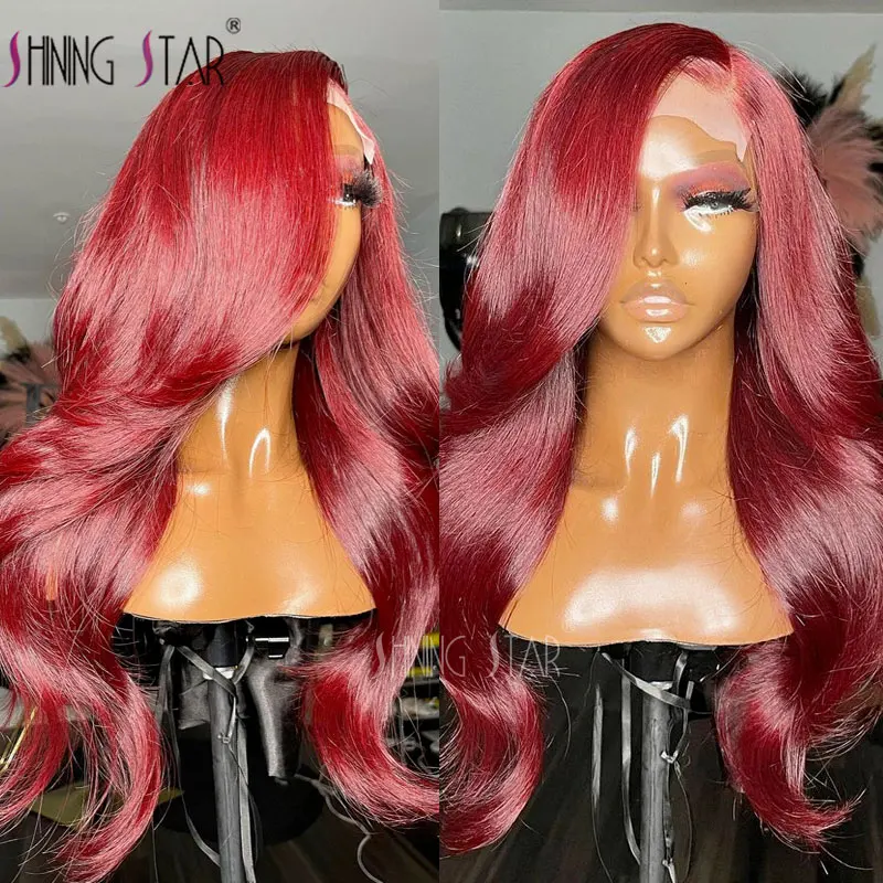 

99J Red 13x6 Lace Front Human Hair Wigs Burgundy Colored Body Wave Wig Glueless 13x4 HD Transparent Lace Frontal Wig 30 34 Inch