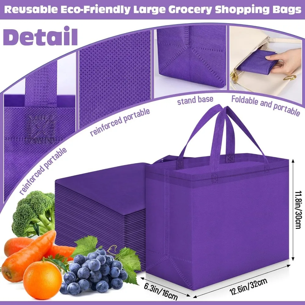 Large Foldable Non-Woven Grocery Bags with Handles, Portable Tote for Bulk Shopping, 12.6 x 11.8 x 6.3 Inch, Reusable and Eco-Fr