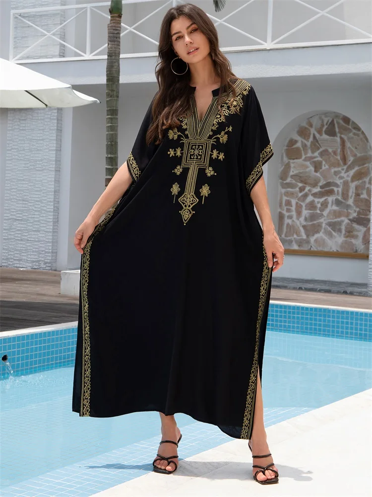 Złoto haftowane w stylu Vintage luźny szlafrok 2024 damski czarna długa sukienka Plus Size turecki Kaftan strój kąpielowy na wakacje