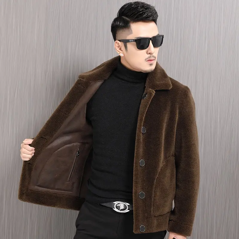 

Winter New Faux Fur Woolen Coat Men Turn Down Collar Button Fashion Warm Casual Jacket Outwear Thickening Overcoat A27