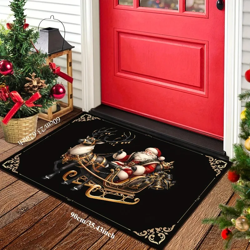 VIKAMA Christmas Doormat Non‑Slip Front Door Rug Washable Indoor Outdoor Xmas Golden Sleigh Winter Entrance Home Mat