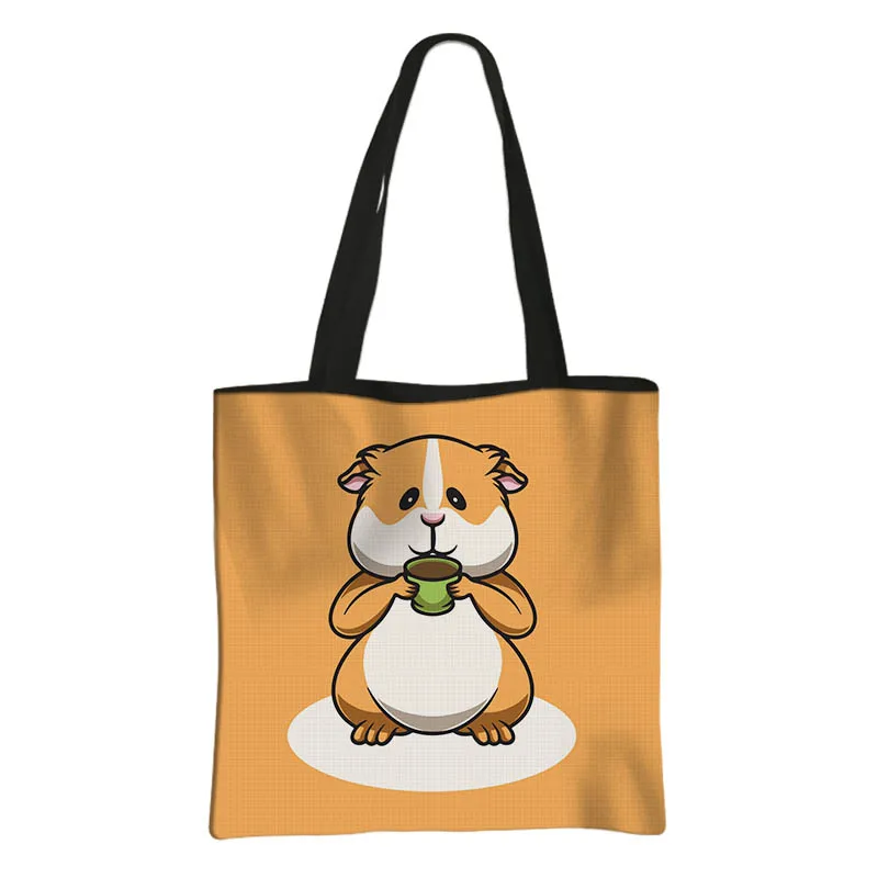 Cute Guinea Pig Print Canvas Shoulder Bag Mammal Cavy Shopping Bags Large Capacity Ladies Totes Bag Reusable Shopper Bags Gift