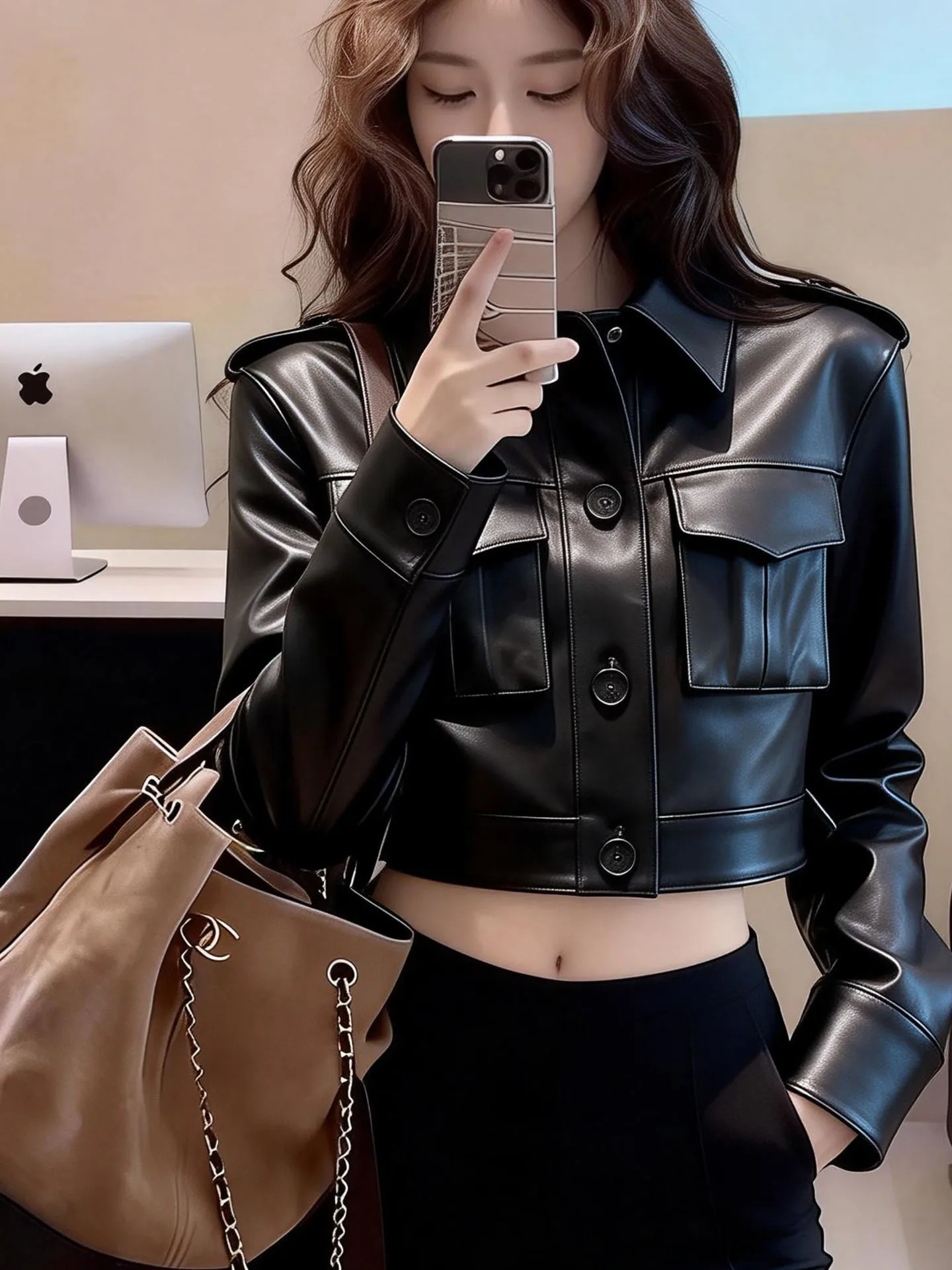 Chaqueta de Cuero Ele Bla para Mujer, Primavera 2026, Elegante, Entallada, Versátil, con Cuello Alto y Botones