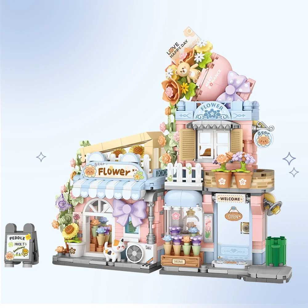 Creative Cute Cat Florist Street Scene Building Kit, Openable Flower Shop Building Set for Boys Girls Age 8+,854pcs Mini Bricks