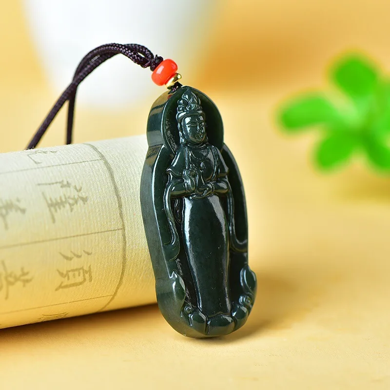 Natural Hotan Green Guanyin Laughing Buddha Jade Pendant Necklace Men And Women