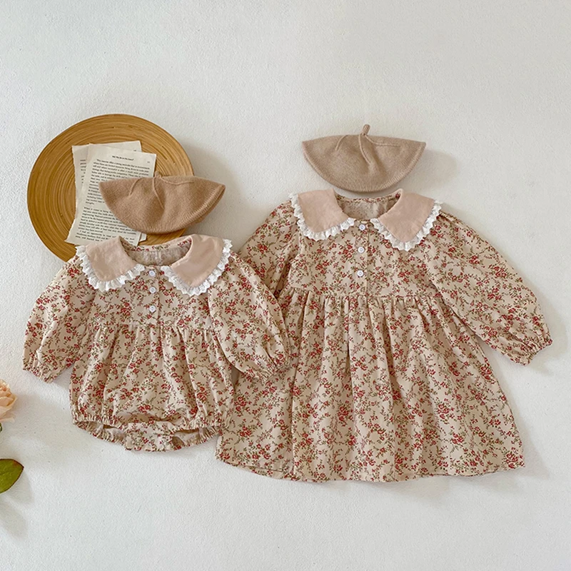 Nova primavera meninas vestido de princesa manga comprida algodão floral impressão da criança do bebê bodysuits crianças vestido de festa irmãs roupas